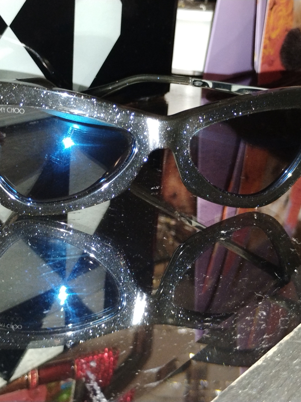 Jimmy Choo Black Glitter Cat-Eye Sunglasses